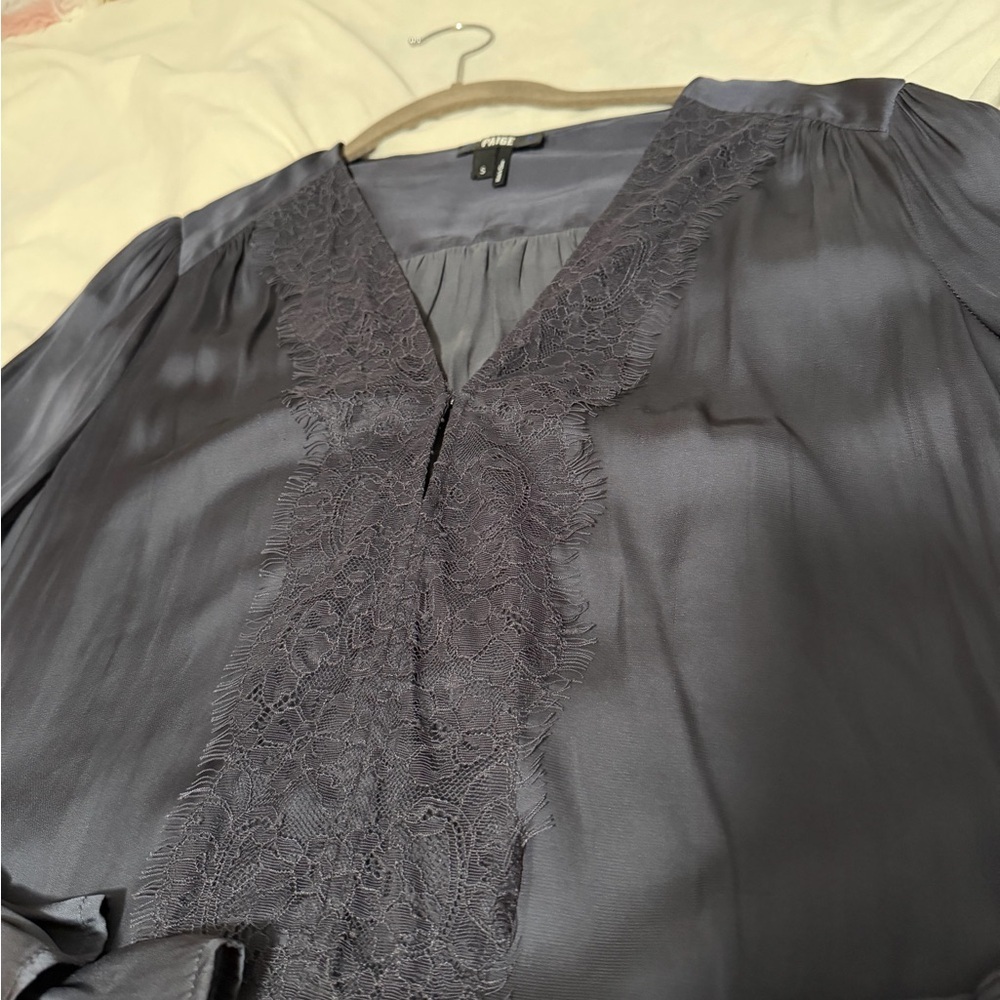 Paige Charcoal & Black Lace Trim Satin Blouse Women’s Small - Picture 2 of 4